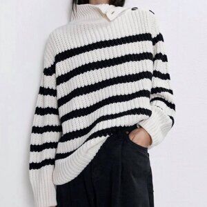 Zara Striped Knit Sweater Button Sleeve White Ecru Black Size Medium